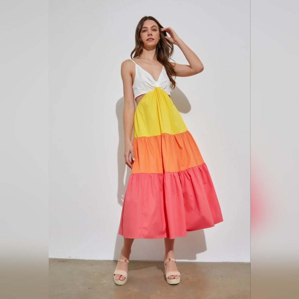 DO + BE Colection Colorblock Tiered Cutout Midi Dress Smocked Back Top Size M